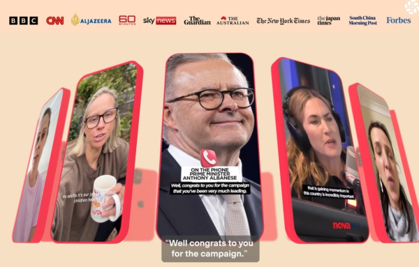 케이트 윈슬렛 등 유명 인사부터 주요 정치&middot;보건 전문가와 총리 등이 언론사 방송에 출연해 소셜 미디어 최소 이용 연령에 대해 논의했다. ⓒ36개월(36 Months) 캠페인 케이스 필름 갈무리